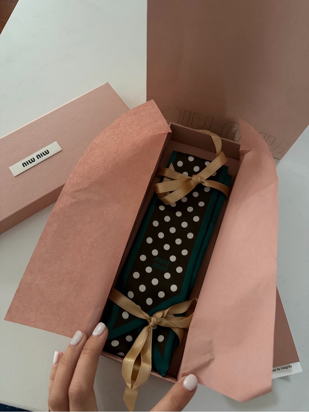 Miu Miu Black and Teal Polka Dot Silk Scarf with Gold Ribbon